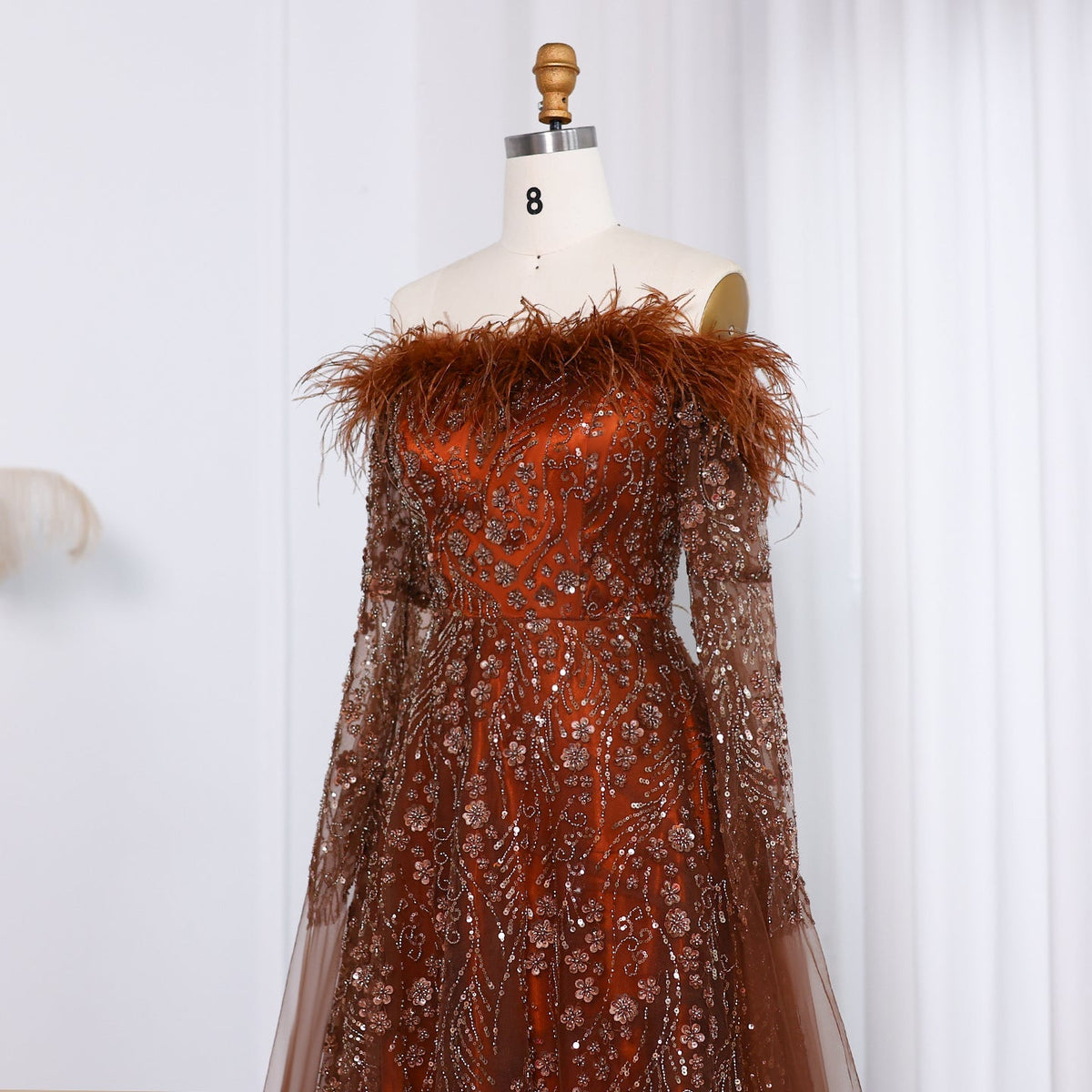 Off Shoulder Feathers Brown Evening Dress with Cape Sleeves SS135