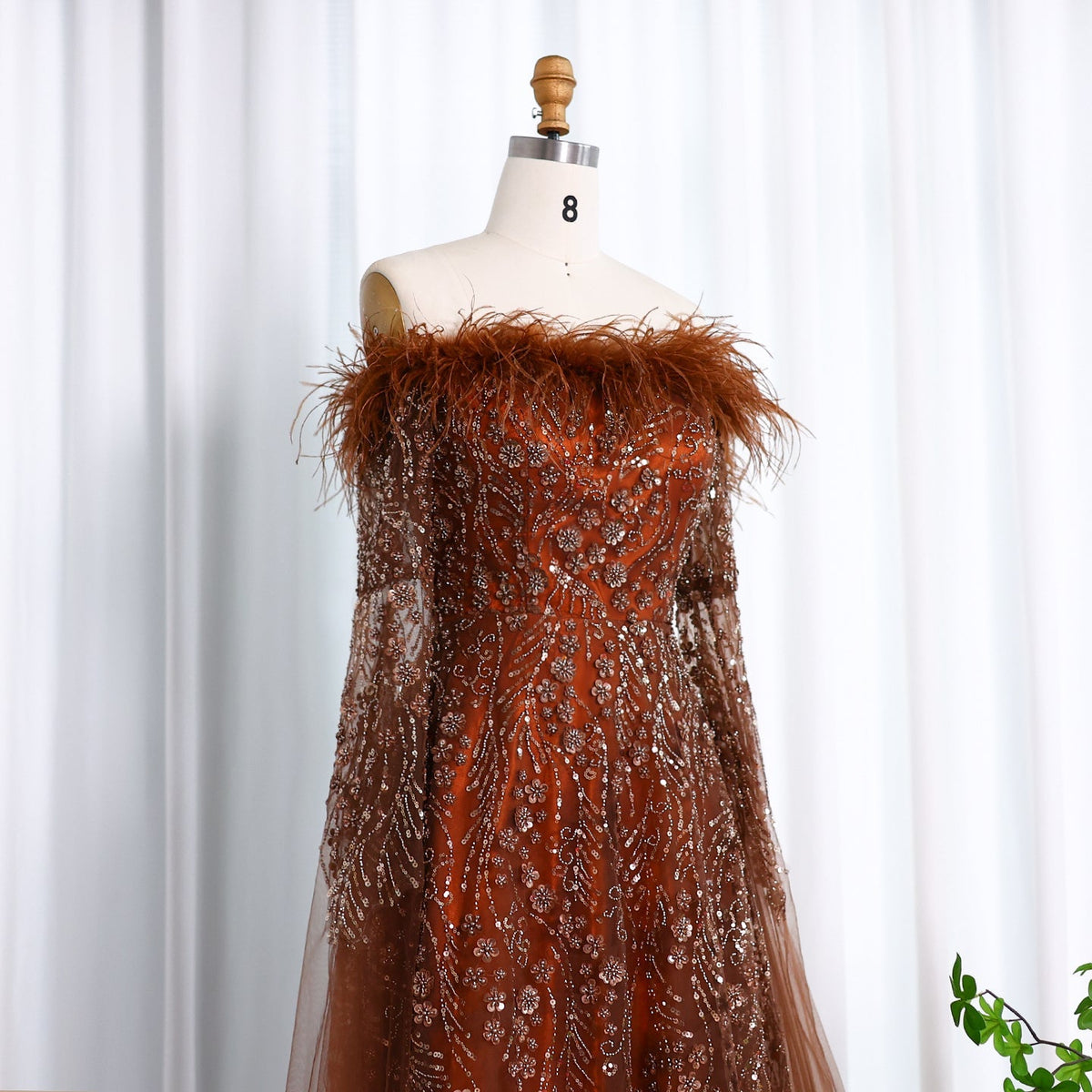 Off Shoulder Feathers Brown Evening Dress with Cape Sleeves SS135