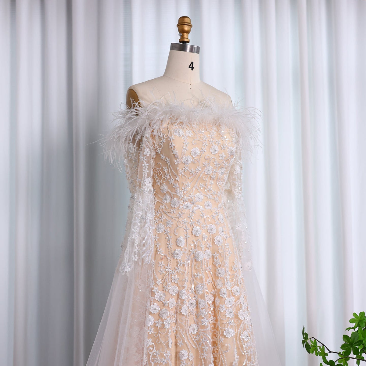 Off Shoulder Feathers Brown Evening Dress with Cape Sleeves SS135