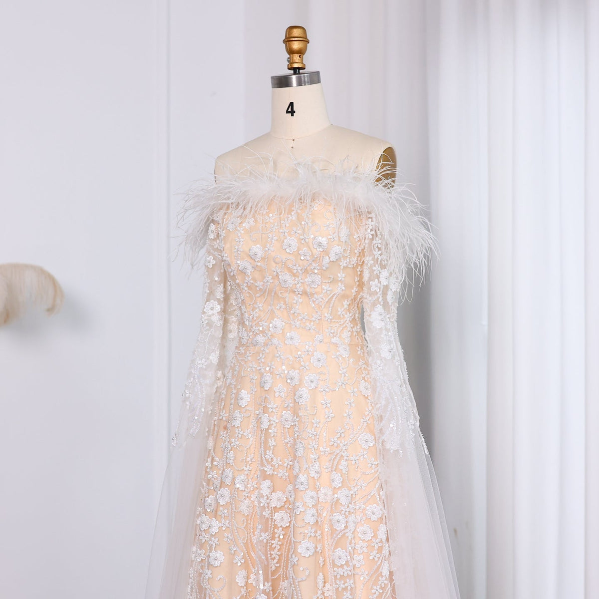 Off Shoulder Feathers Brown Evening Dress with Cape Sleeves SS135