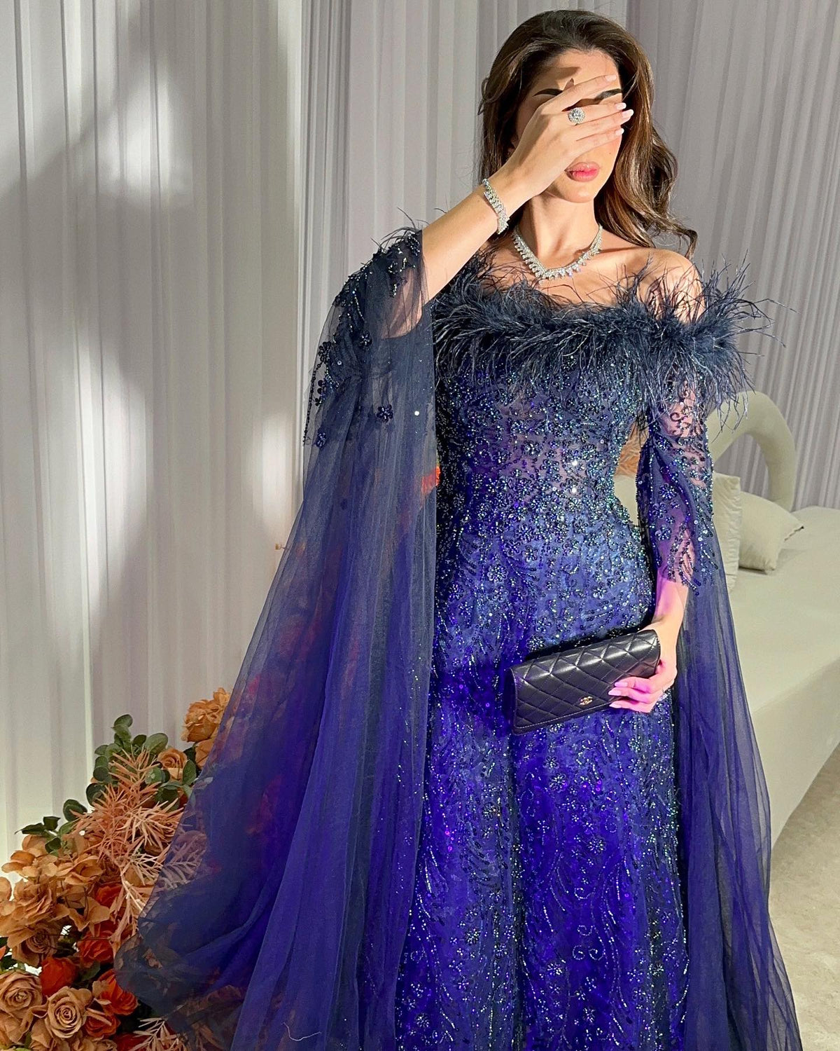 Off Shoulder Feathers Brown Evening Dress with Cape Sleeves SS135