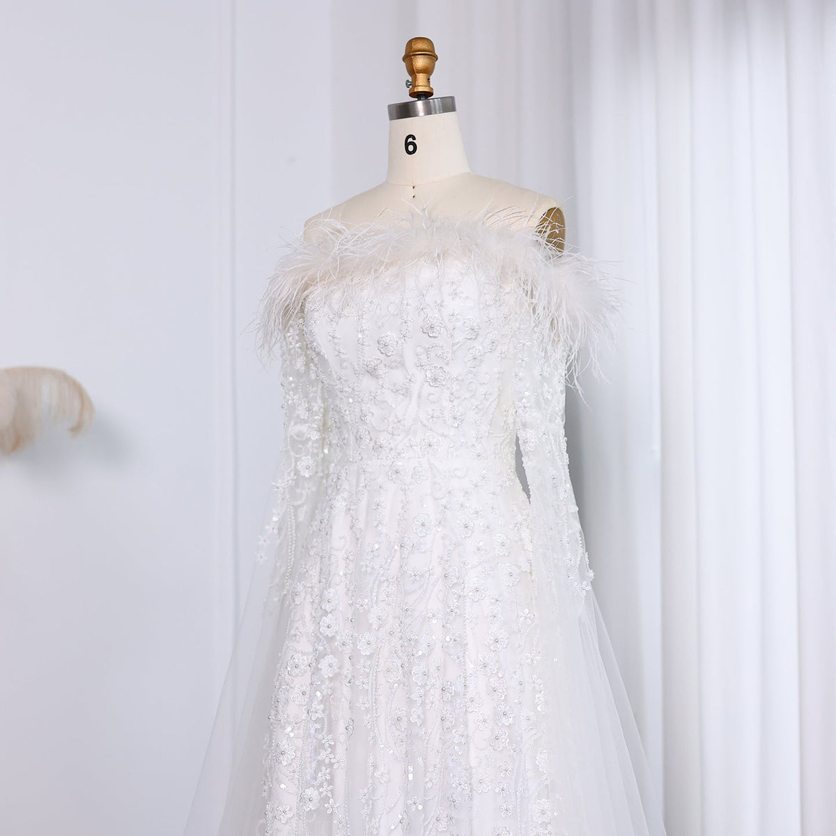 Off Shoulder Feathers Brown Evening Dress with Cape Sleeves SS135