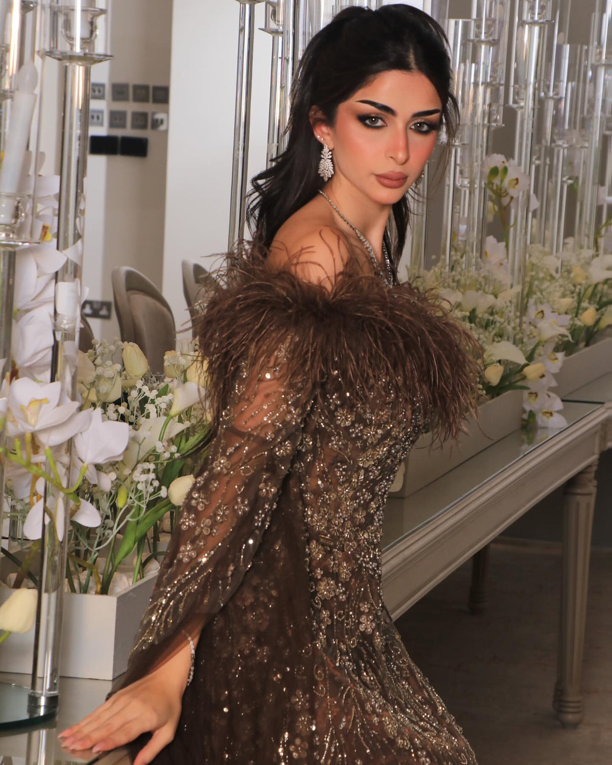 Off Shoulder Feathers Brown Evening Dress with Cape Sleeves SS135