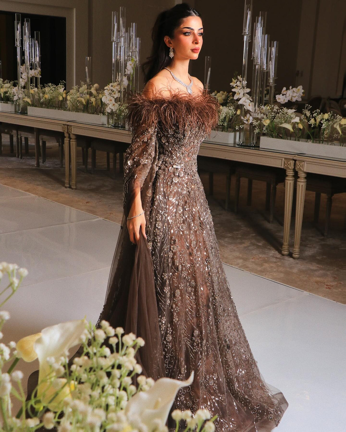Off Shoulder Feathers Brown Evening Dress with Cape Sleeves SS135