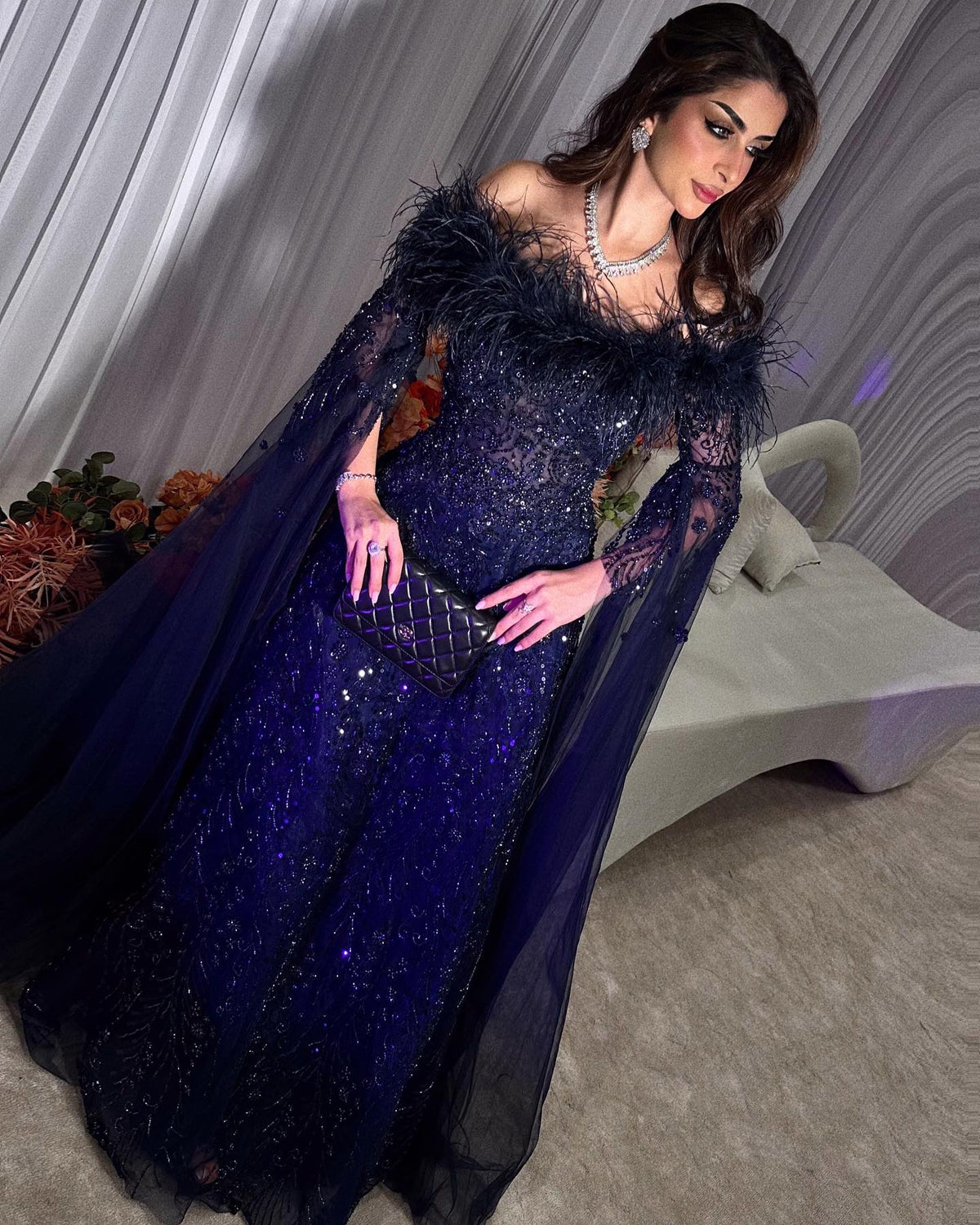 Off Shoulder Feathers Brown Evening Dress with Cape Sleeves SS135