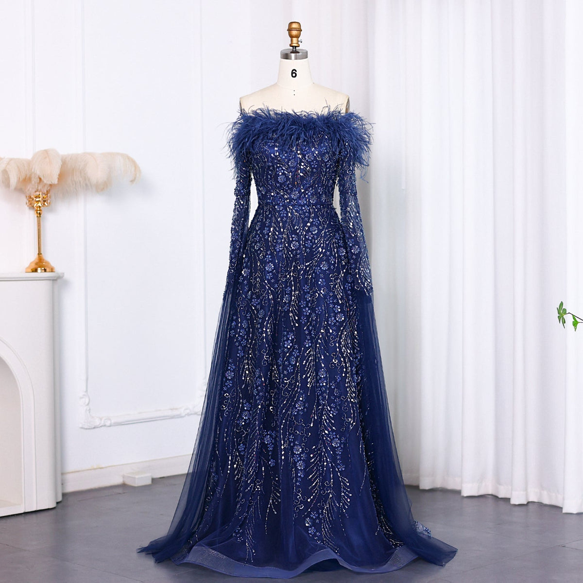 Off Shoulder Feathers Brown Evening Dress with Cape Sleeves SS135