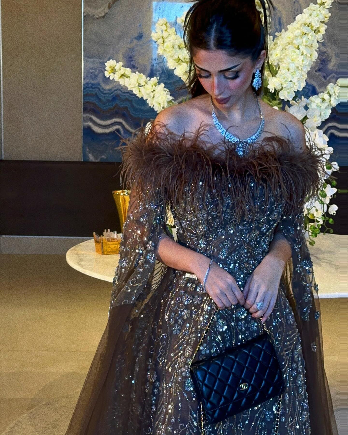 Off Shoulder Feathers Brown Evening Dress with Cape Sleeves SS135