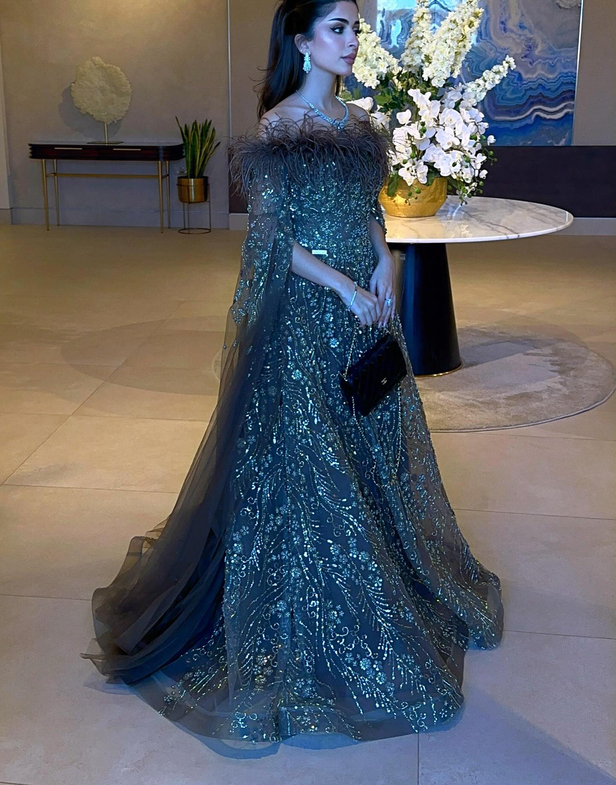 Off Shoulder Feathers Brown Evening Dress with Cape Sleeves SS135