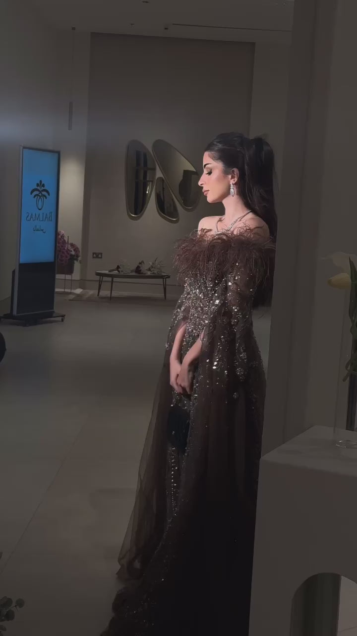 Off Shoulder Feathers Brown Evening Dress with Cape Sleeves SS135