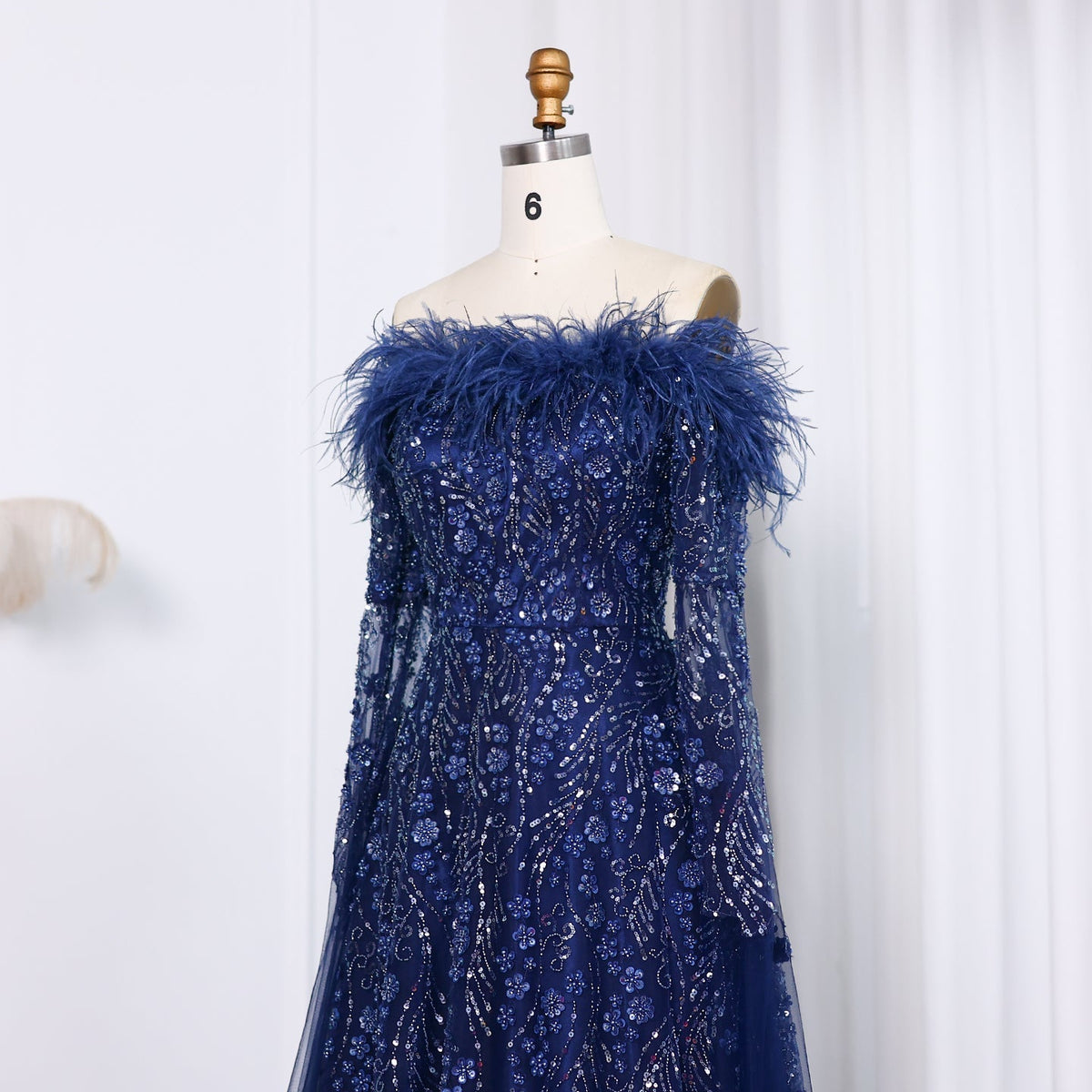 Off Shoulder Feathers Brown Evening Dress with Cape Sleeves SS135