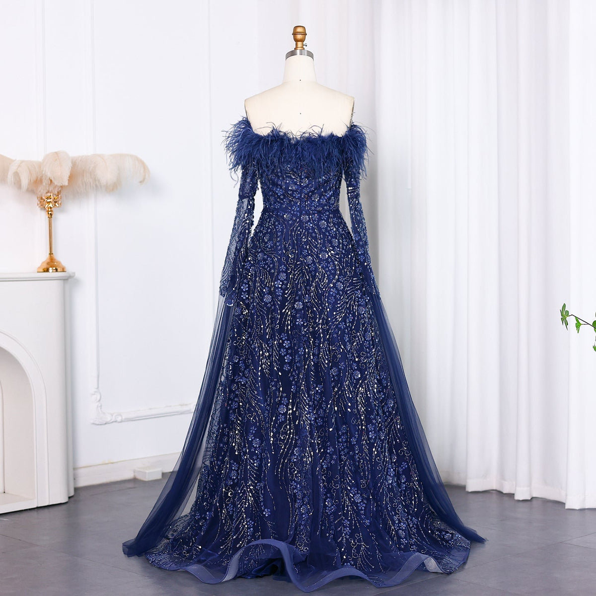 Off Shoulder Feathers Brown Evening Dress with Cape Sleeves SS135