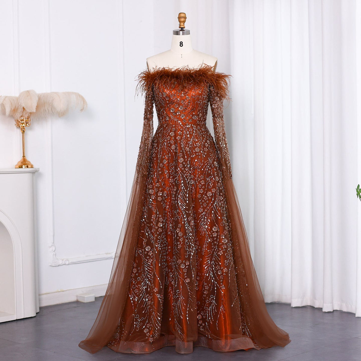 Off Shoulder Feathers Brown Evening Dress with Cape Sleeves SS135