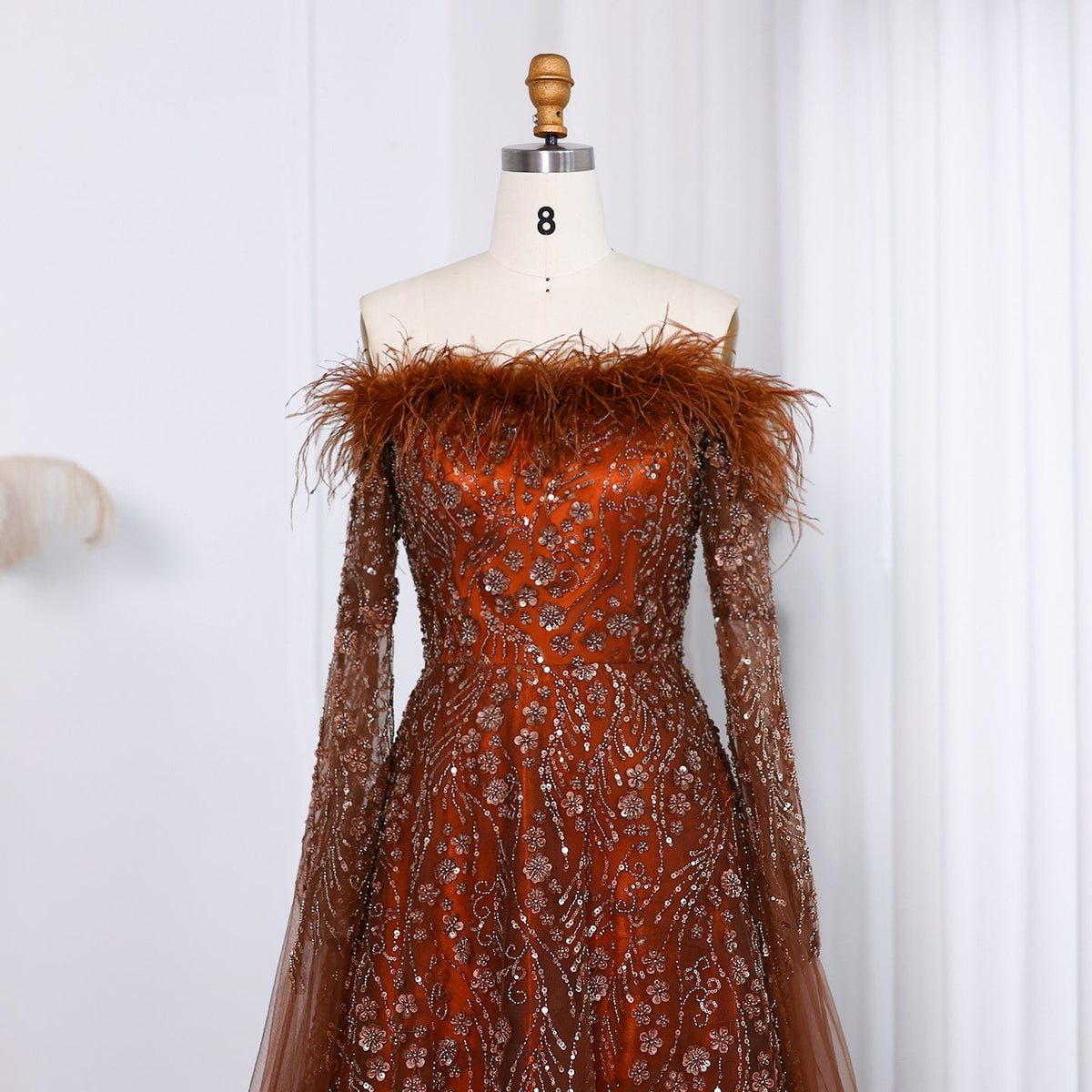 Off Shoulder Feathers Brown Evening Dress with Cape Sleeves SS135
