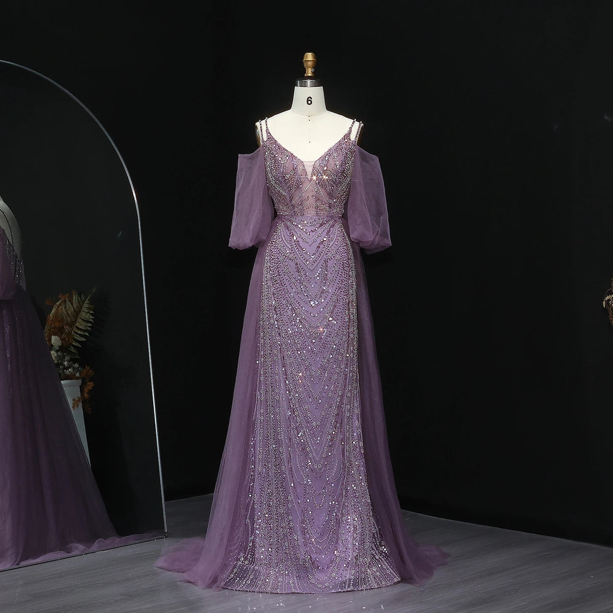 Elegant Off Shoulder Beaded Purple Gown with Flowing Sleeves SS053