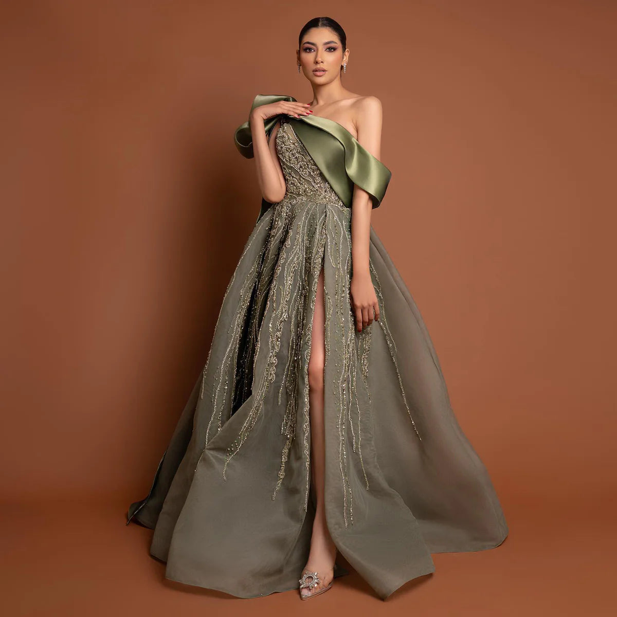 Luxury Dubai One Shoulder Olive Green Evening Dress with Cape SS323