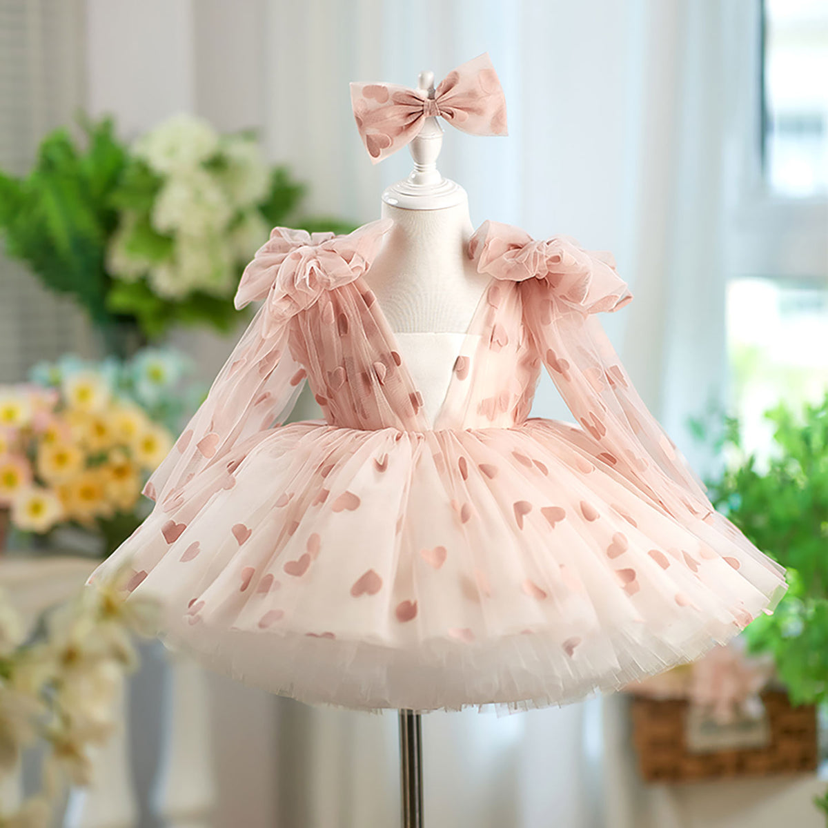 V-Neck Long Sleeves Bowed Tulle Flower Girl Dress D059