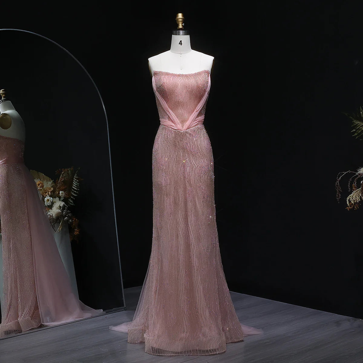 Elegant Pink Beaded Mermaid Evening Dress with Flowing Overskirt SS023