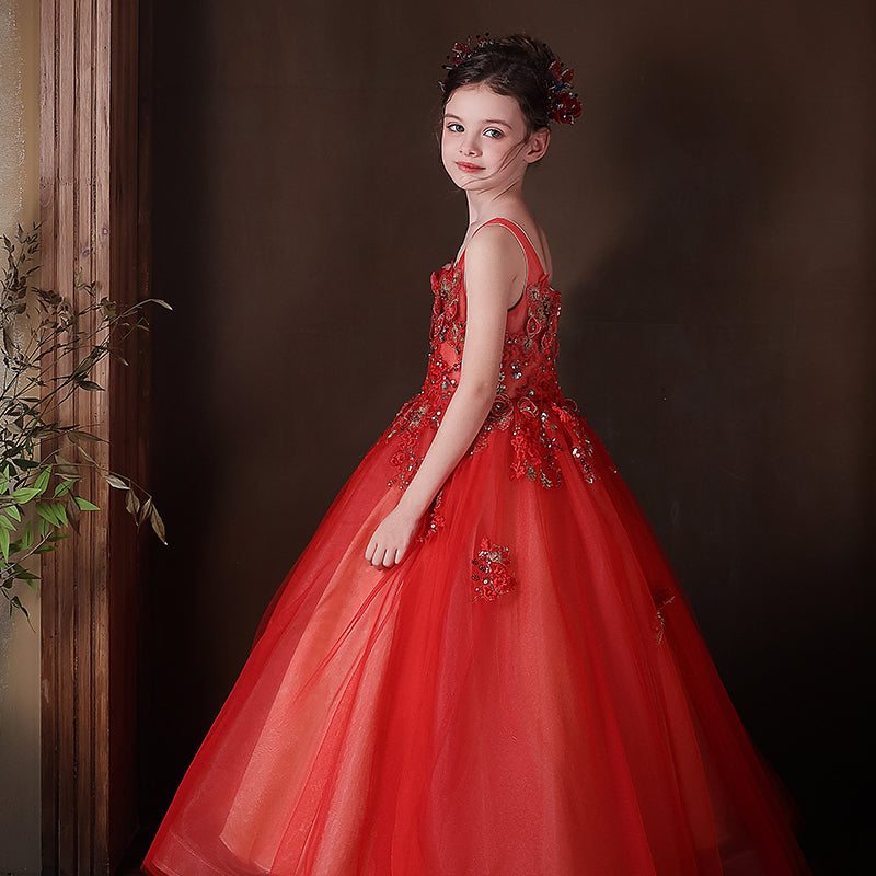 Red Girl Dress Square Collar Princess Birthday Pageant Party Gown J326