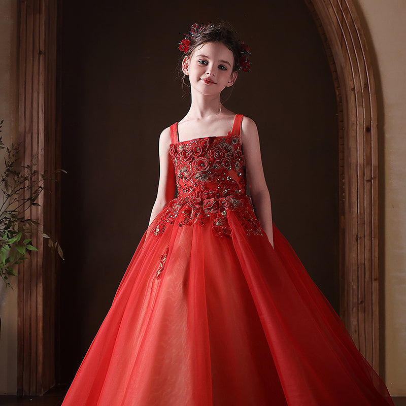 Red Girl Dress Square Collar Princess Birthday Pageant Party Gown J326