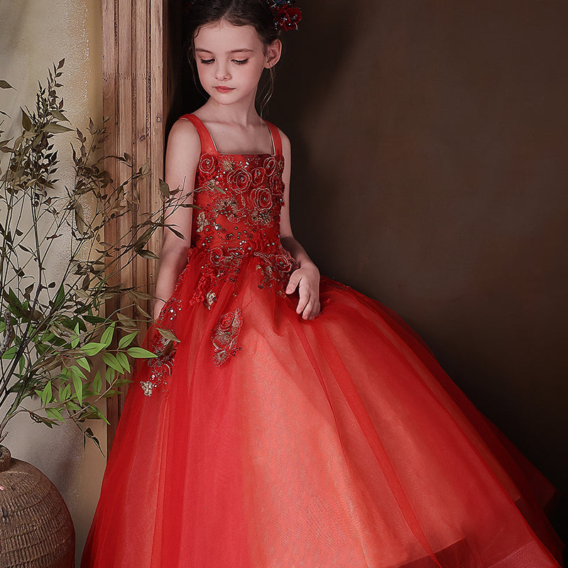 Red Girl Dress Square Collar Princess Birthday Pageant Party Gown J326