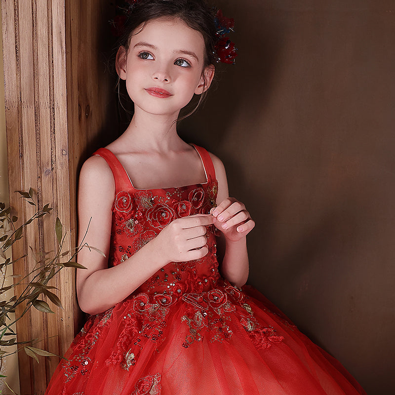 Red Girl Dress Square Collar Princess Birthday Pageant Party Gown J326
