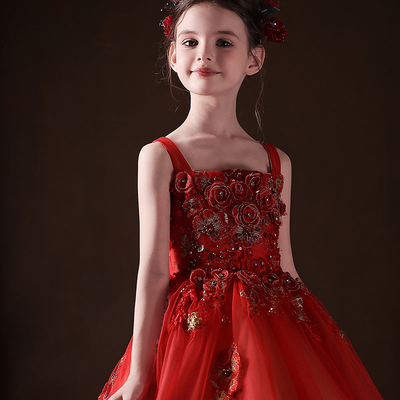 Red Girl Dress Square Collar Princess Birthday Pageant Party Gown J326