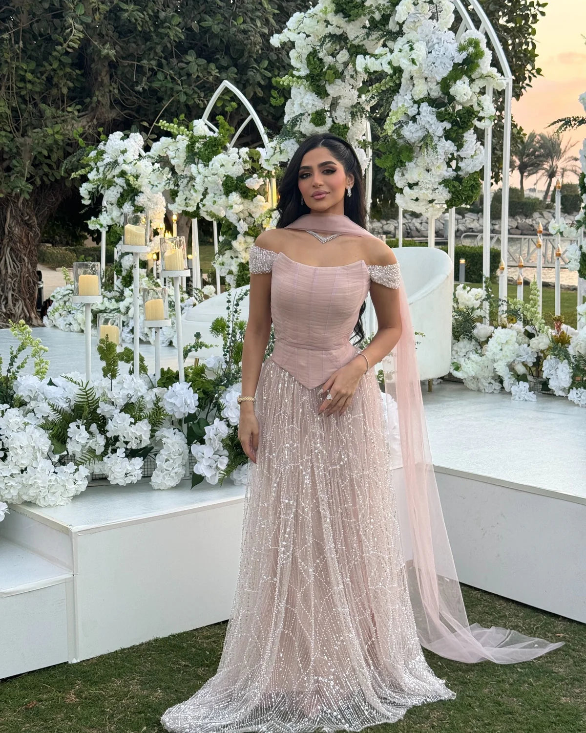 Romantic Beaded Pink Off Shoulder Evening Dress with Scarf SS166