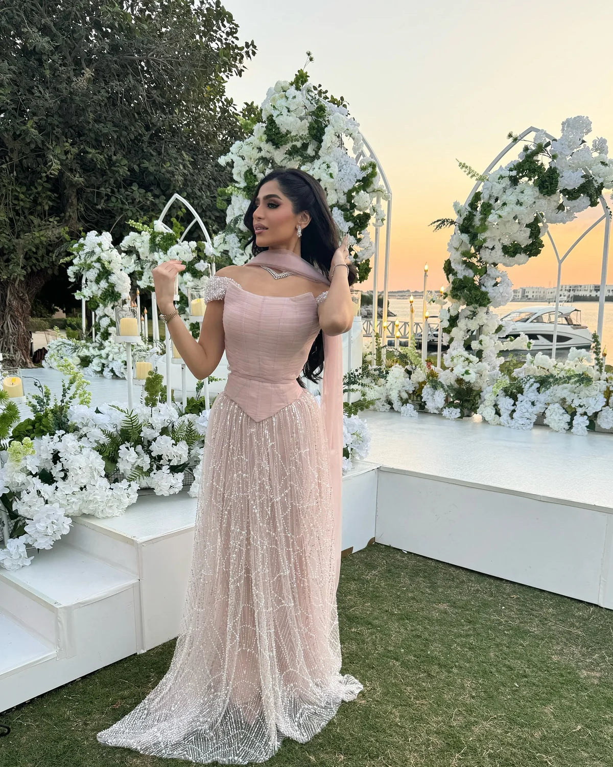 Romantic Beaded Pink Off Shoulder Evening Dress with Scarf SS166