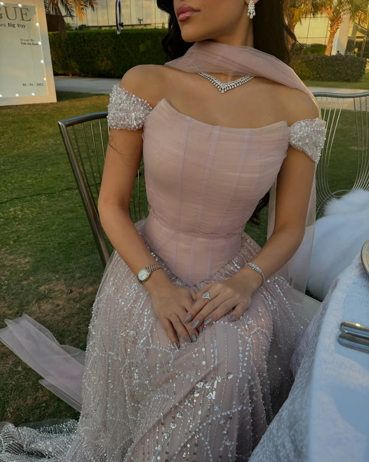 Romantic Beaded Pink Off Shoulder Evening Dress with Scarf SS166