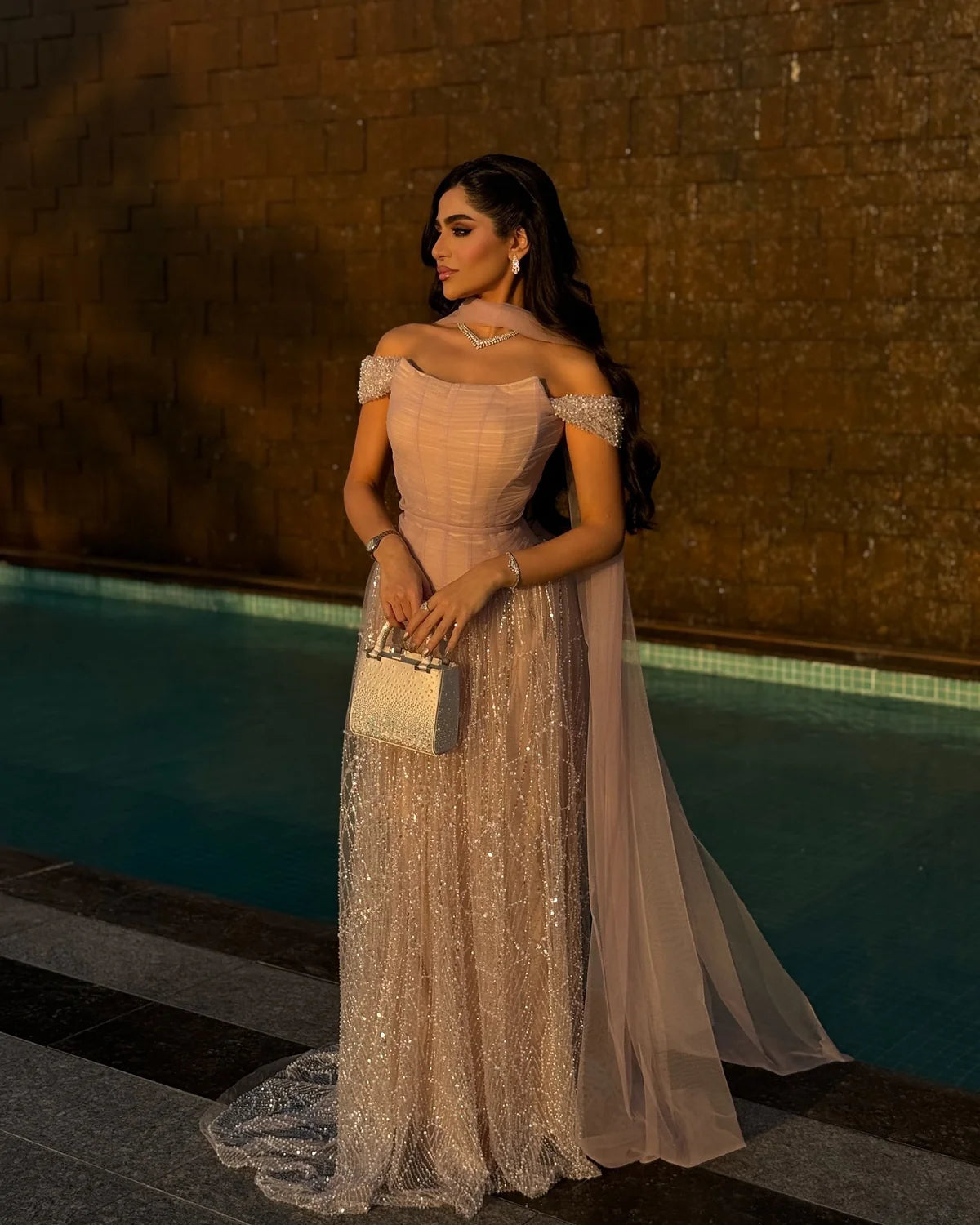 Romantic Beaded Pink Off Shoulder Evening Dress with Scarf SS166