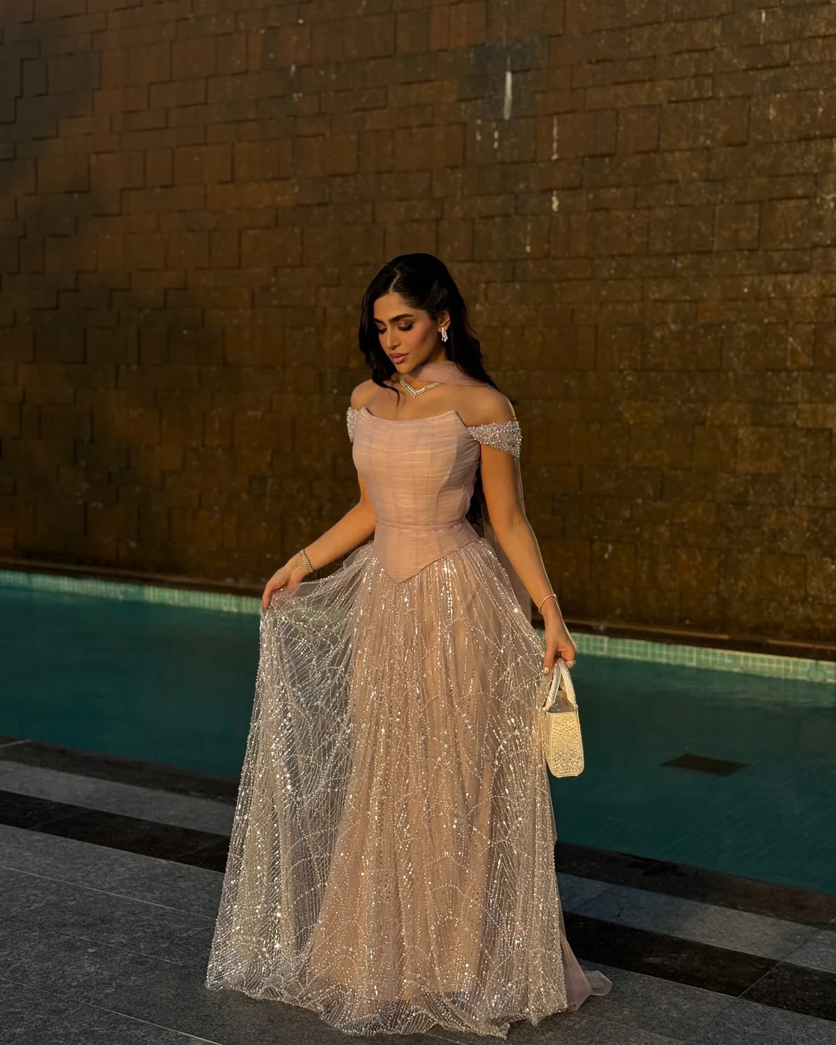 Romantic Beaded Pink Off Shoulder Evening Dress with Scarf SS166