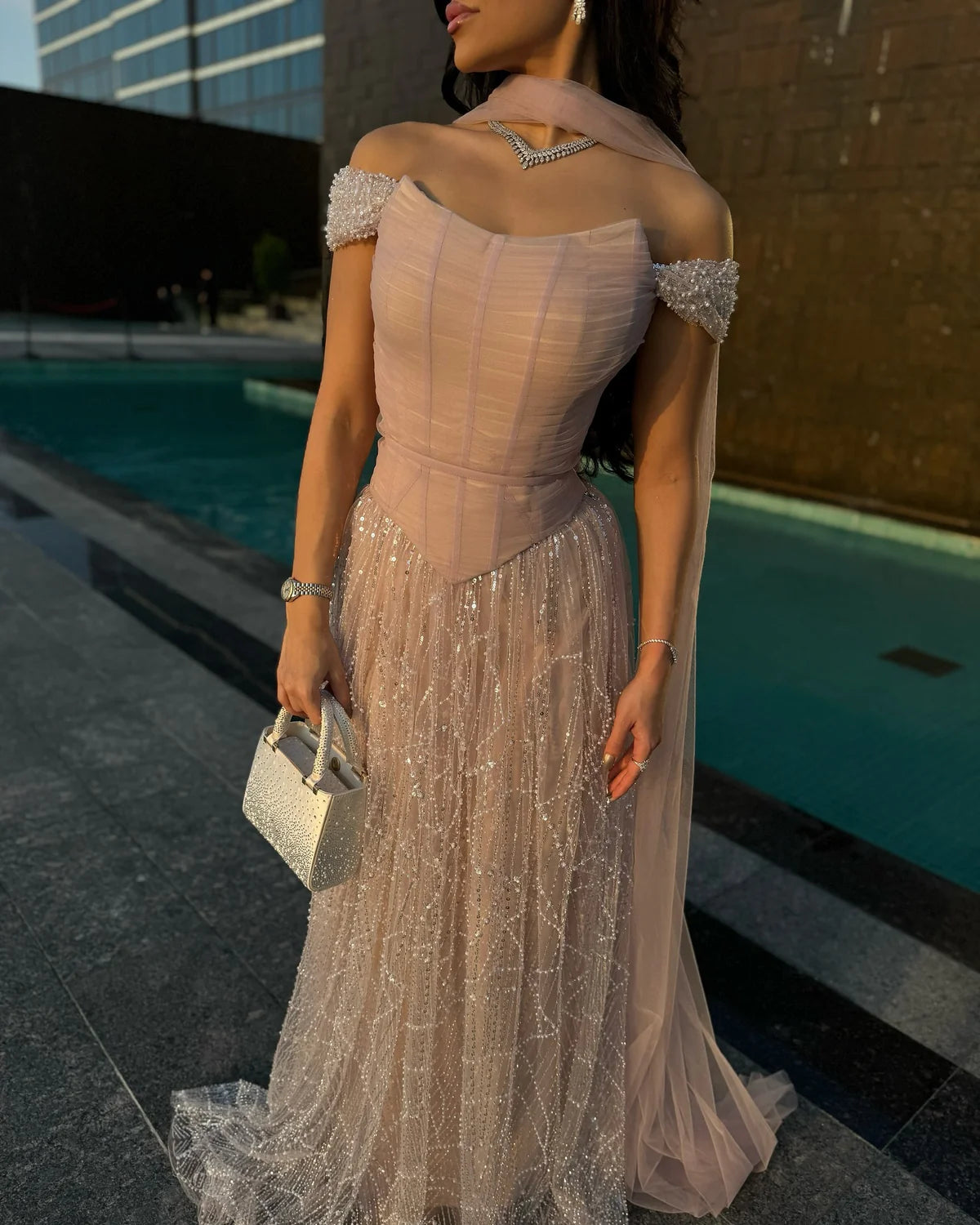 Romantic Beaded Pink Off Shoulder Evening Dress with Scarf SS166