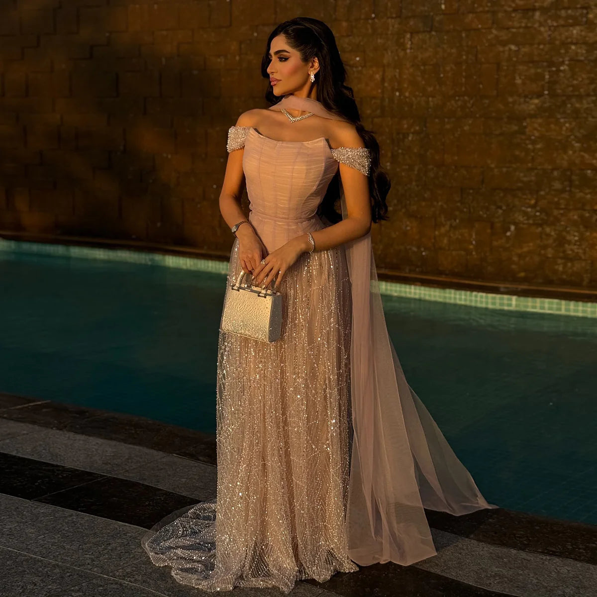 Romantic Beaded Pink Off Shoulder Evening Dress with Scarf SS166
