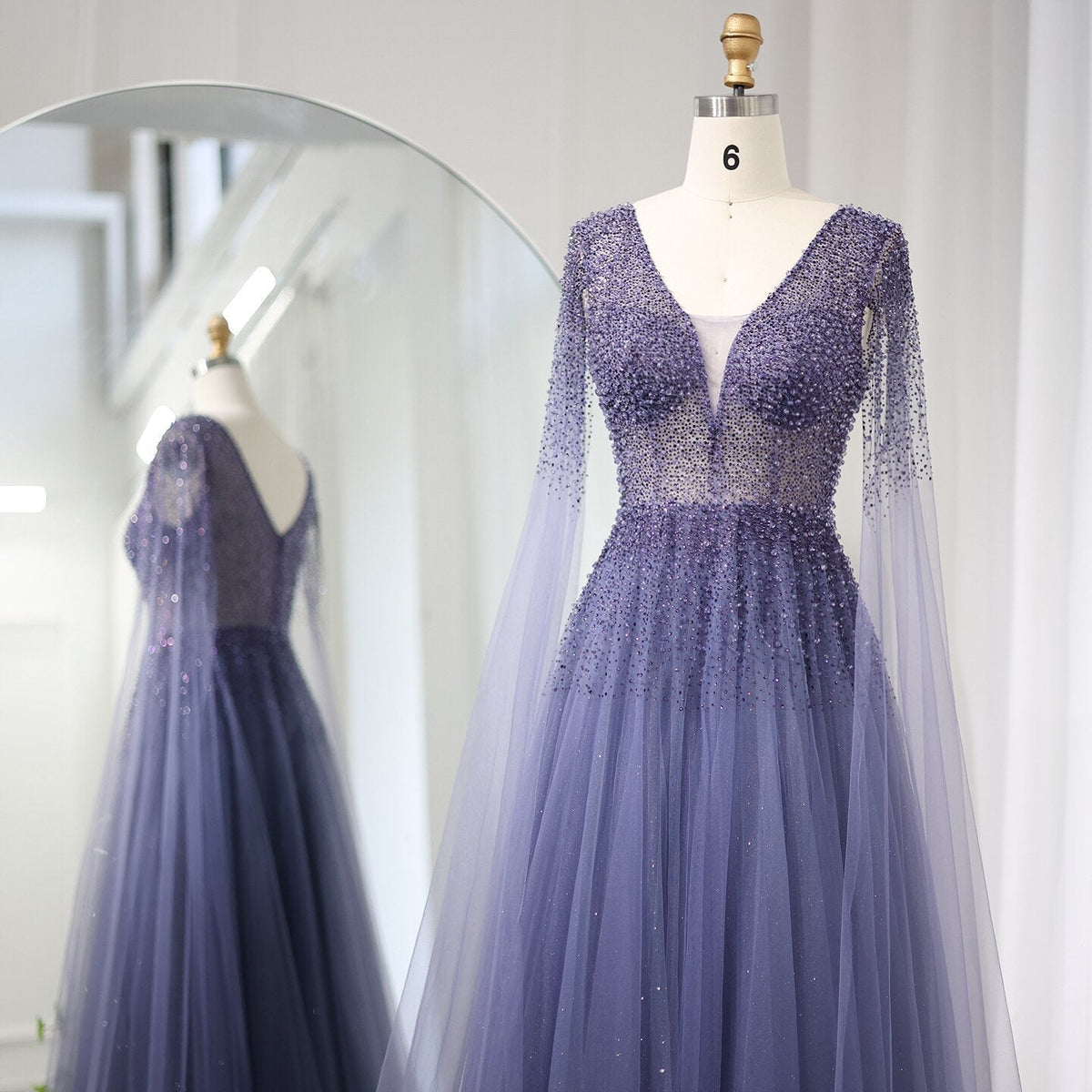 Royal Blue Luxury Dubai Evening Dress with Cape Sleeves Elegant Pink V-Neck Purple Women Wedding Party Gowns SS012