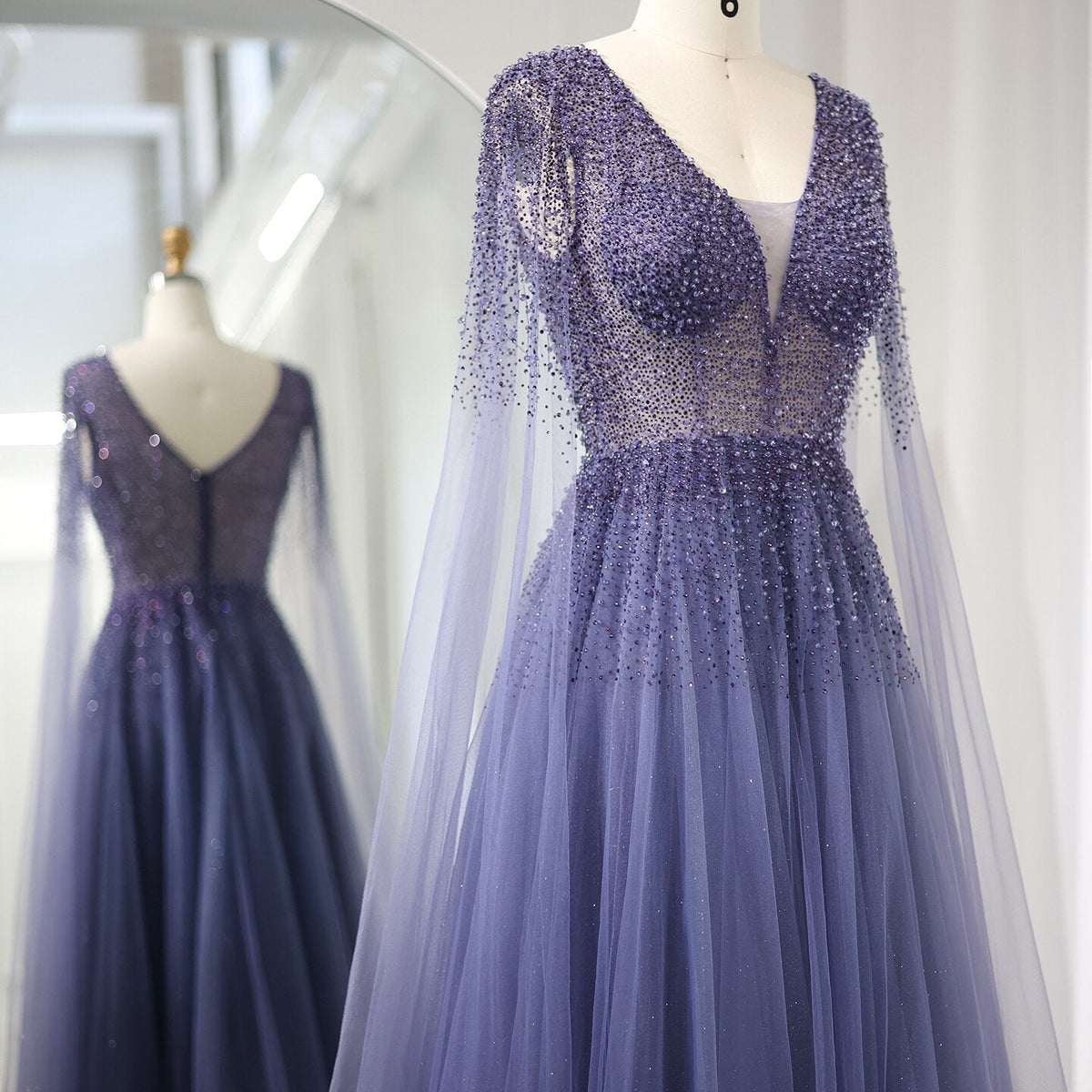 Royal Blue Luxury Dubai Evening Dress with Cape Sleeves Elegant Pink V-Neck Purple Women Wedding Party Gowns SS012