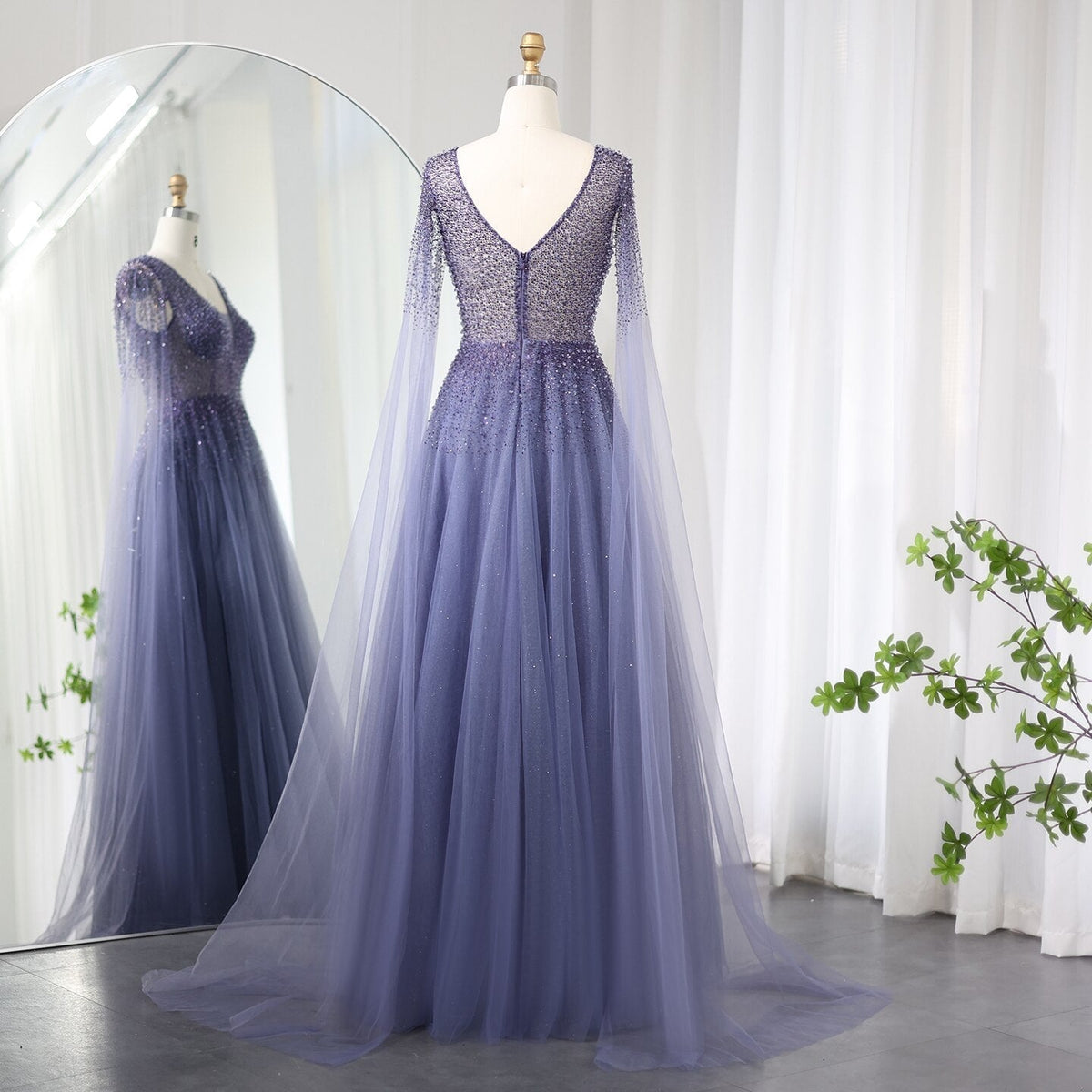Royal Blue Luxury Dubai Evening Dress with Cape Sleeves Elegant Pink V-Neck Purple Women Wedding Party Gowns SS012