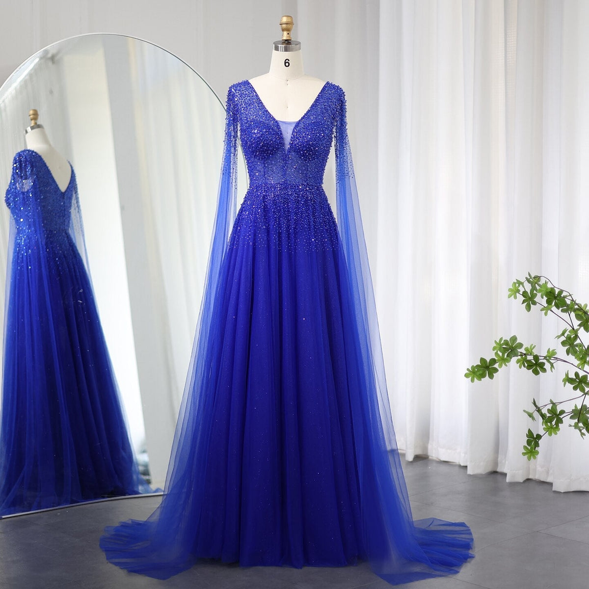 Royal Blue Luxury Dubai Evening Dress with Cape Sleeves Elegant Pink V-Neck Purple Women Wedding Party Gowns SS012
