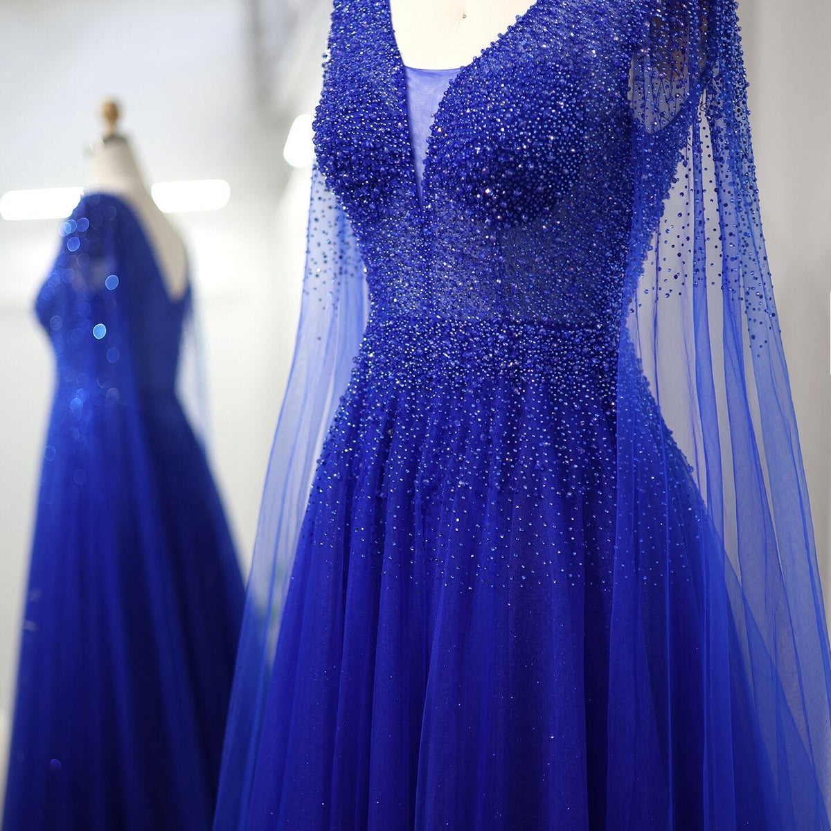 Royal Blue Luxury Dubai Evening Dress with Cape Sleeves Elegant Pink V-Neck Purple Women Wedding Party Gowns SS012