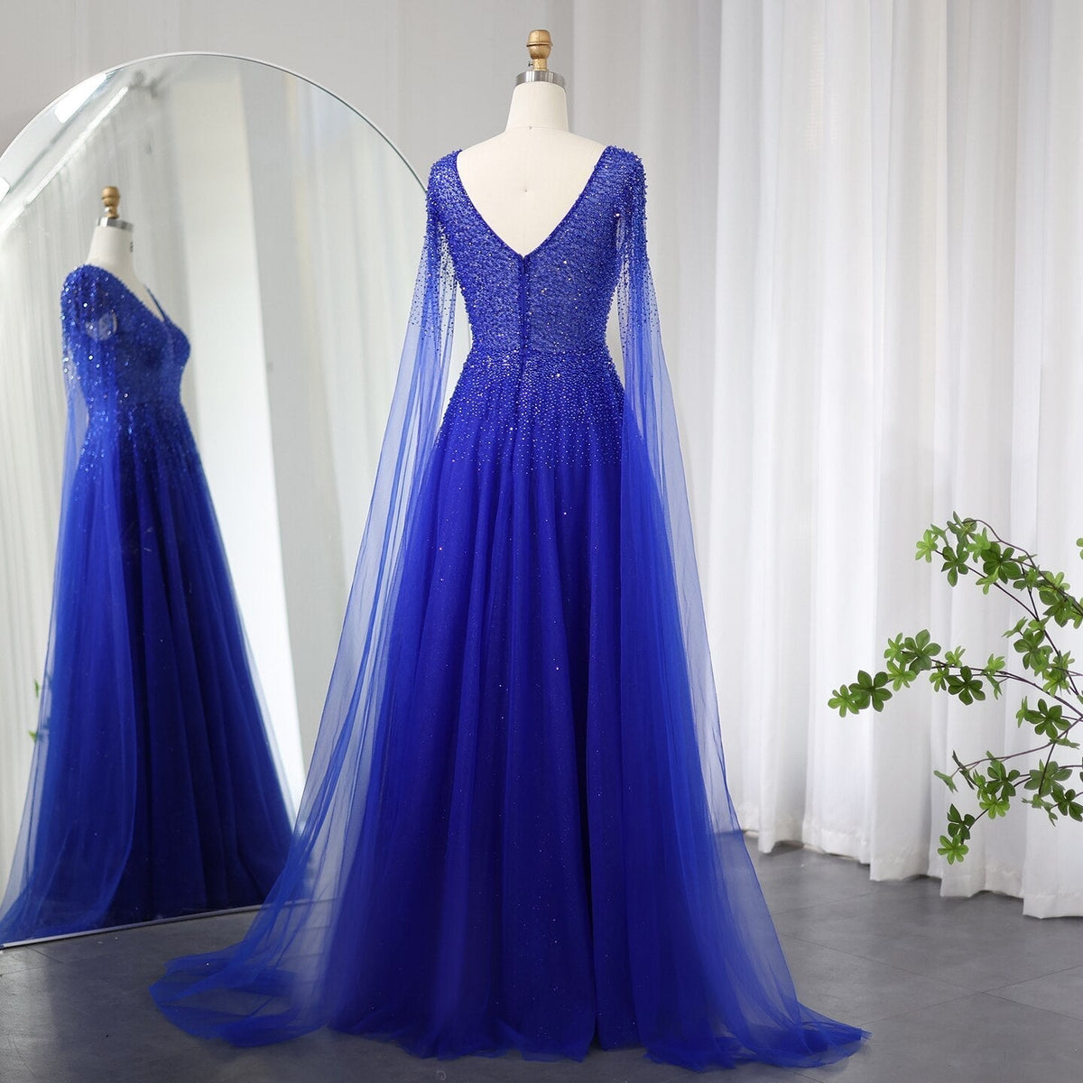 Royal Blue Luxury Dubai Evening Dress with Cape Sleeves Elegant Pink V-Neck Purple Women Wedding Party Gowns SS012