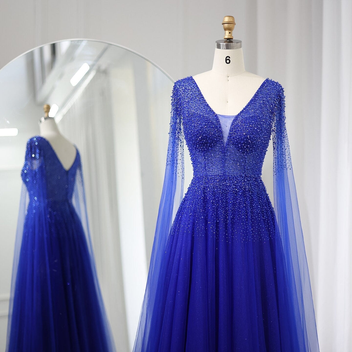 Royal Blue Luxury Dubai Evening Dress with Cape Sleeves Elegant Pink V-Neck Purple Women Wedding Party Gowns SS012