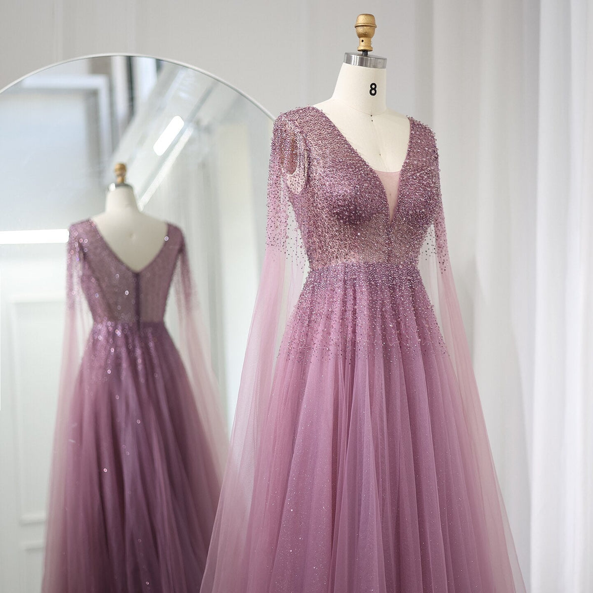 Royal Blue Luxury Dubai Evening Dress with Cape Sleeves Elegant Pink V-Neck Purple Women Wedding Party Gowns SS012