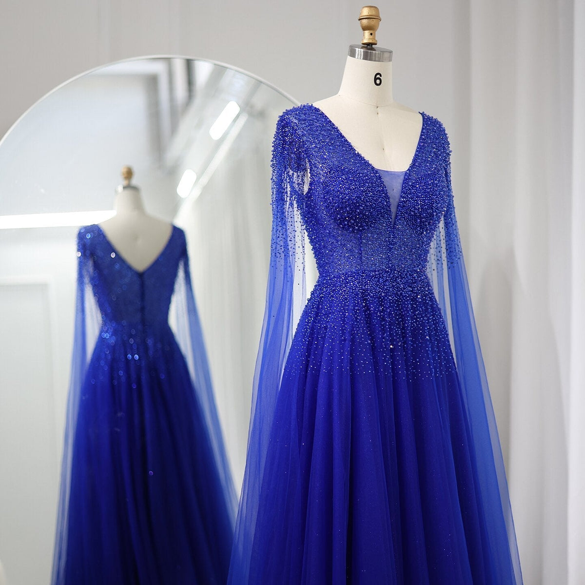 Royal Blue Luxury Dubai Evening Dress with Cape Sleeves Elegant Pink V-Neck Purple Women Wedding Party Gowns SS012
