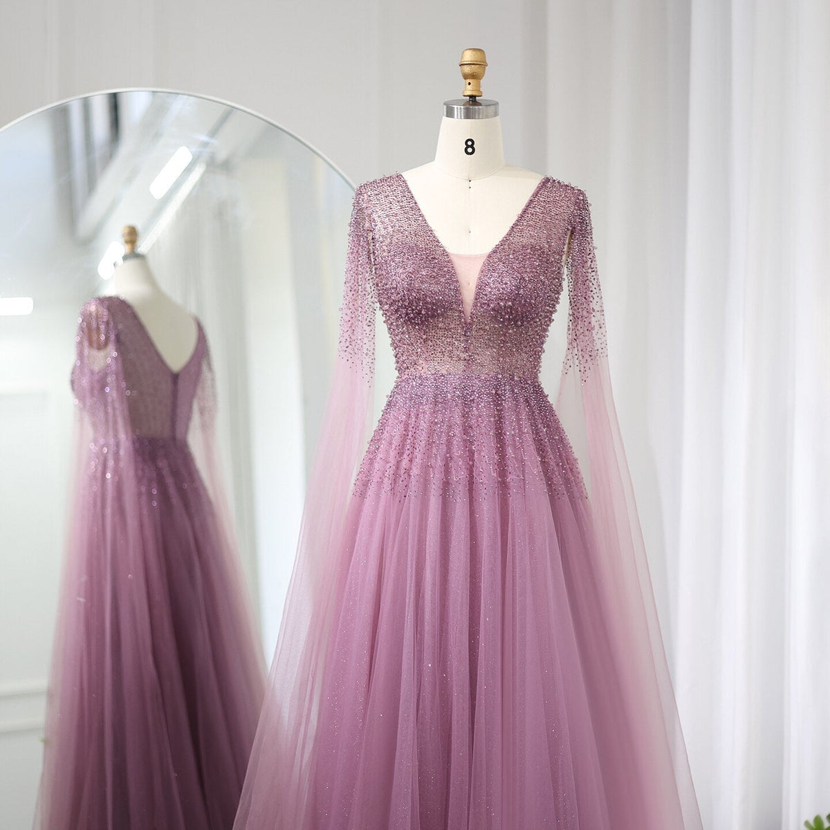 Royal Blue Luxury Dubai Evening Dress with Cape Sleeves Elegant Pink V-Neck Purple Women Wedding Party Gowns SS012