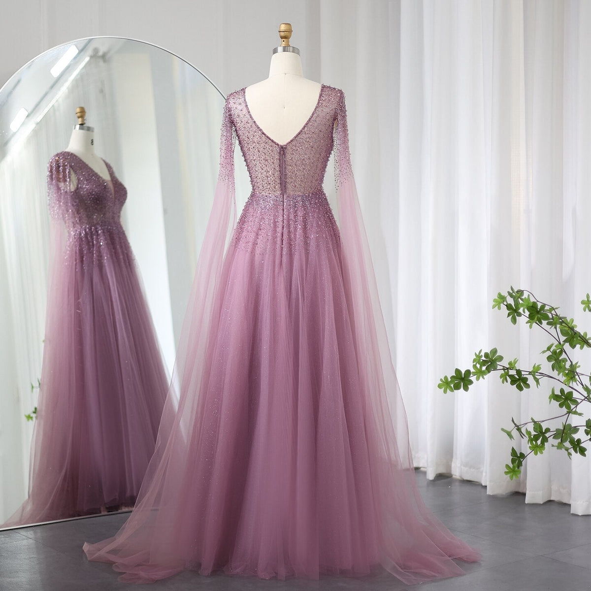 Royal Blue Luxury Dubai Evening Dress with Cape Sleeves Elegant Pink V-Neck Purple Women Wedding Party Gowns SS012