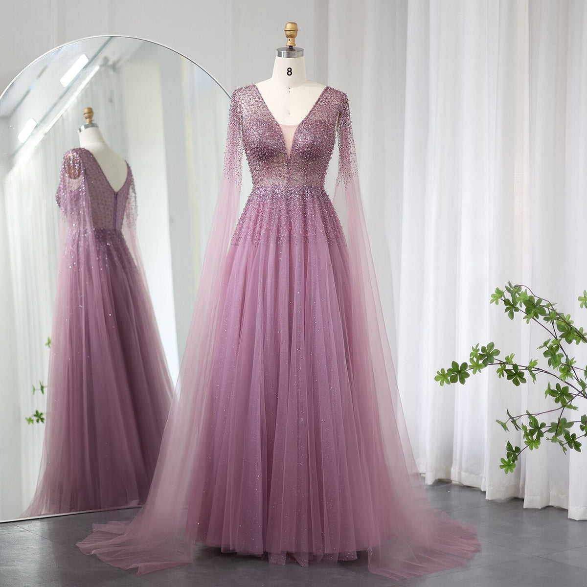 Royal Blue Luxury Dubai Evening Dress with Cape Sleeves Elegant Pink V-Neck Purple Women Wedding Party Gowns SS012