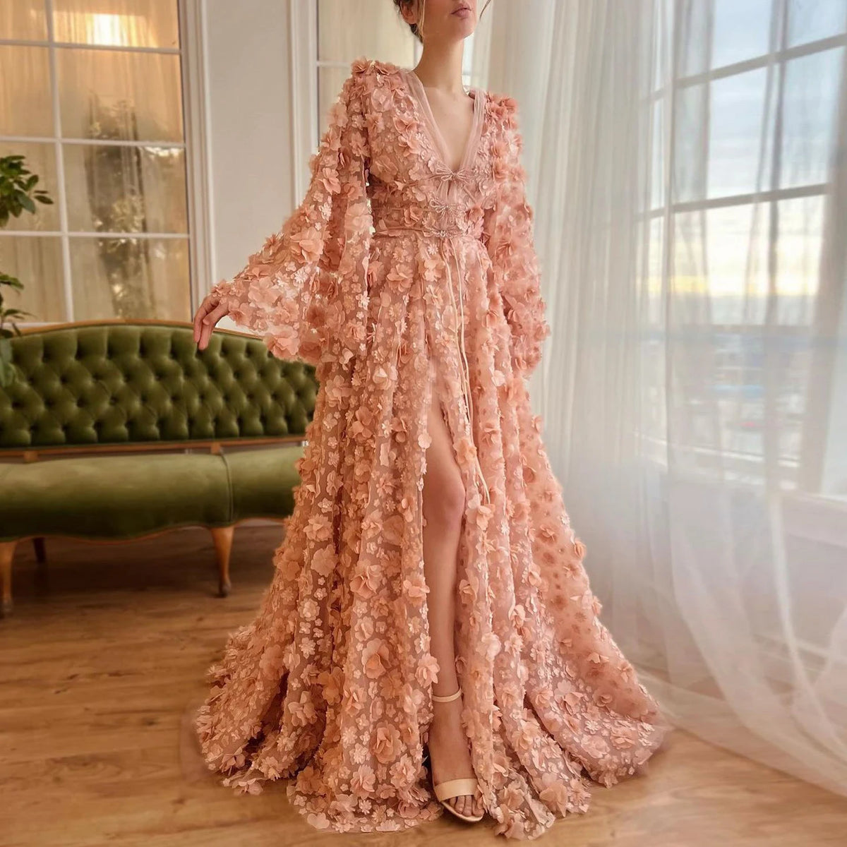 Blush Peach-Pink 3D Flowers Evening Dresses with Long Sleeves SS295