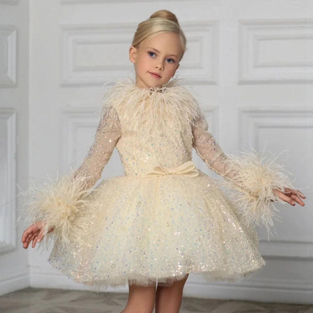 Luxury Champagne Girl Dress Feathers Sequined Dubai Kids J320