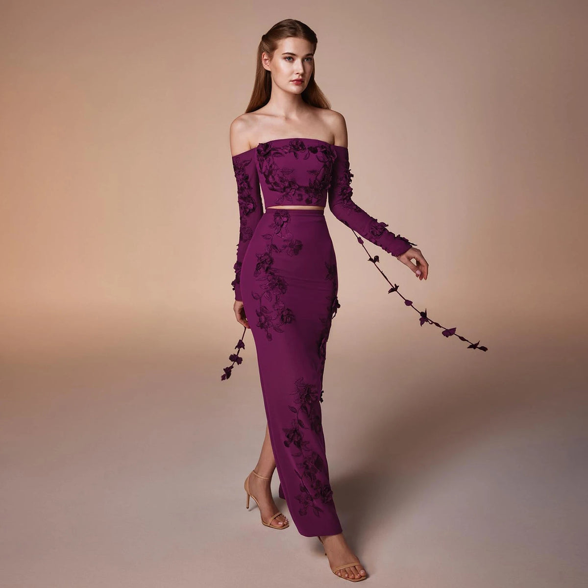 Elegant Off Shoulder Fuchsia Long Sleeves Evening Dress SS310