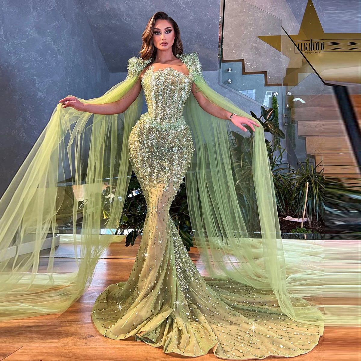 Luxury Beaded Mermaid Lime Green Evening Dress with Cape Sleeves SS443