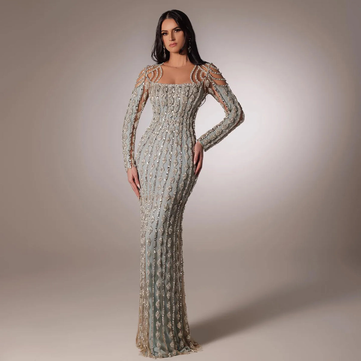 Luxury Arabic Sage Green Dubai Evening Dress Muslim Long Sleeves SS398